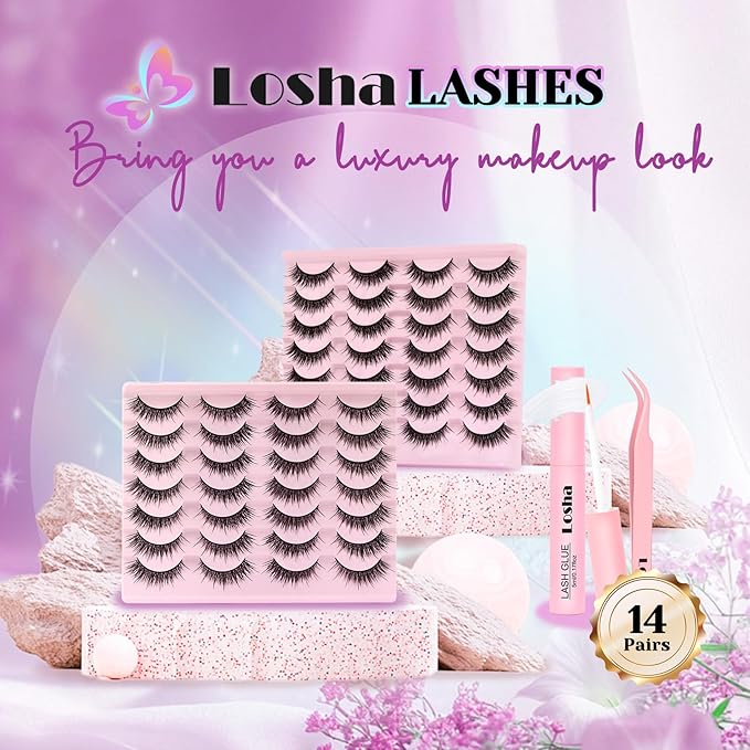 Losha Lashes Wispy Volume Manga Lashes Spiky False Eyelashes 14 Pairs Natural Anime Eye Lashes Kit with Lash Glue and Lash Tweezers Asian Fake Eyelashes (Vivid)