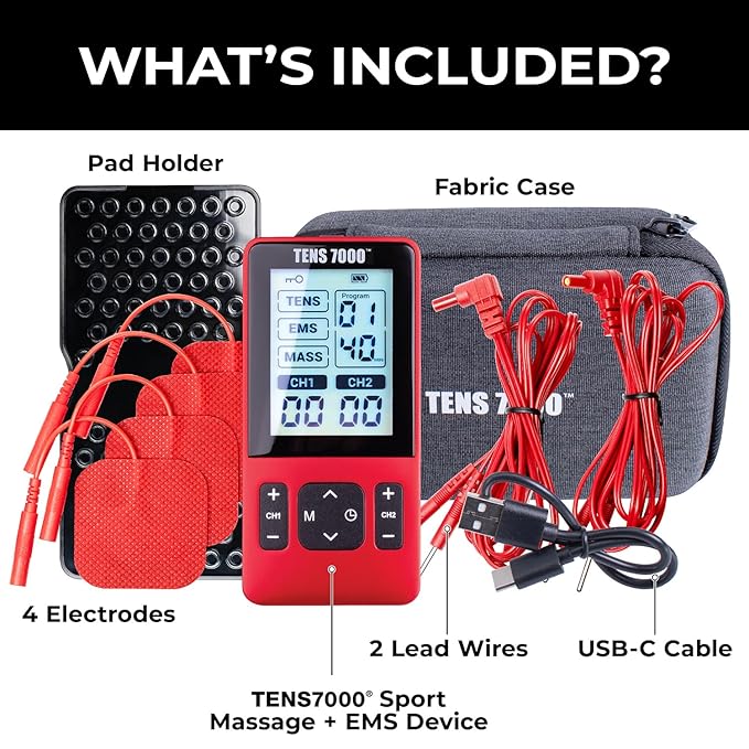 TENS 7000 Sport Athletic Recovery Muscle Stimulator, Back Pain Relief, Sciatica, Neck, Shoulder, Muscle Pain, TENS Unit + EMS + Massage with 42 Built-in Programs, 4 Electrode Pads