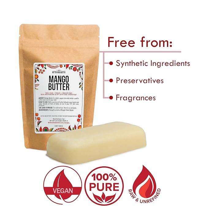 Raw Mango Butter - 100% Natural Skin and Hair Moisturizer - Use with Shea in DIY Whipped Body Butter, Mango Body Lotion, Lip Gloss and Soap Making, 8 oz Block