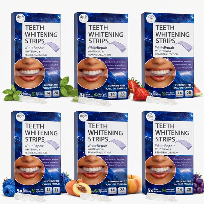 Teeth Whitening Strips, Peach Flavor Inspired, Comfort Fit Adhesive, Fresh Taste, 28 Strips in 14 Sealed Pouches, at Home Smile Brightening Routine