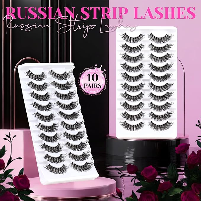 Veleasha Russian Strip Lashes with Clear Band Looks Like Eyelash Extensions D Curl Lash Strips 10 Pairs Pack (DT05)