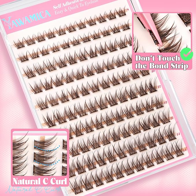 Yawamica Self Adhesive Eyelashes Brown Lash Clusters No Glue Needed Press on Lashes Reusable Pre-glued Eyelash Clusters 8-14mm Wispy Individual Lashes C Curl Cluster Lashes DIY Brown Lash Extension