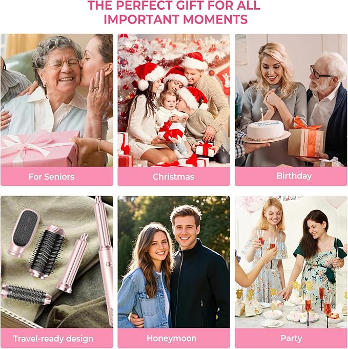 6 in 1 Hair Dryer Brush, Detachable Air Styler, Blow Dryer Brush 3 Heat Settings Frizz-Free Drying, Volumizing, Straightening, Curling for Travel & Home Styling (Pink-A)
