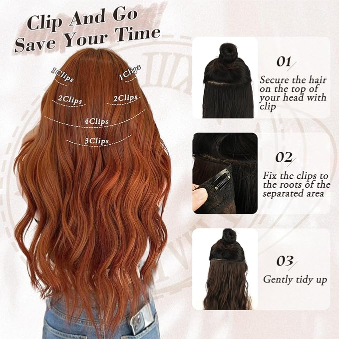 BARSDAR Copper Clip in Hair Extensions - 20 Inch 6PCs Full Head Beach Wavy Clip in Hair Extensions for Women - Voluminous Thick Soft Synthetic Hairpieces Daily Party Halloween- Cowboy Ginger Copper