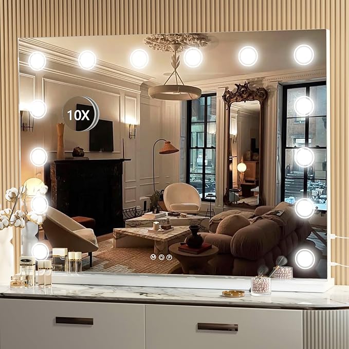 Hasipu Vanity Mirror with Lights, 32" x 24" Makeup Mirror, Light up Mirror with 14 Dimmable LED Lights and 10X Magnification, 3 Colors Modes, Touch Control, USB Charging Port, White