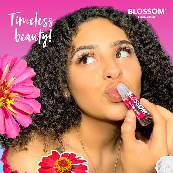 Blossom Roll on Lip Gloss, Scented Clear High Shine Moisturizing Lip Oil, Non Sticky, Infused with Real Flowers, Made in USA, 0.2oz, Lychee