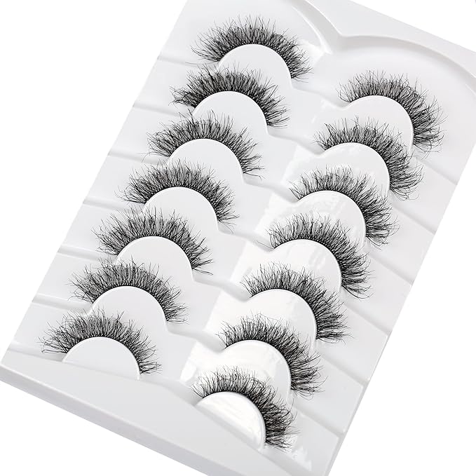 Pooplunch False Eyelashes Cat Eye Look Natural Short Wispy Lashes 8D Crossed Extension Volume Fake Eyelashes Faux Mink Human Hair Lashes 7 Pairs Pack