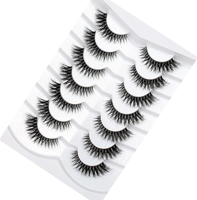 Pooplunch False Eyelashes Cat Eye Look Natural Volume Short Wispy Lash 8D Faux Mink Fake Eyelash Strips Lashes 7 Pairs Pack