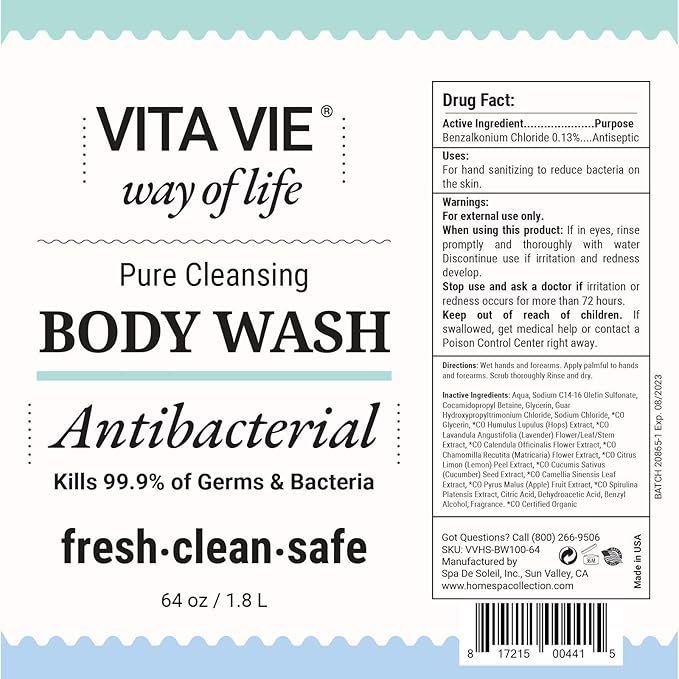 VITA VIE Body Wash Refill, Lemon Scent, Antibacterial Soap for Hands and Forearms With Hazel, Willow Bark Extract, and Tea Tree Oil, Clean Nourishing Formula, Vegan, Paraben Free, Non GMO, 64 FL Oz