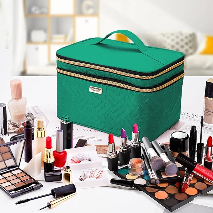 BAFAMYE 8.8L Double Layer Travel Makeup Bag With Mirror For Women, Large Cosmetic Case, Organizer for Travel-Size Accessories Bottles, Brushes,and Skin Care Products, 2.33 GAL, Green…