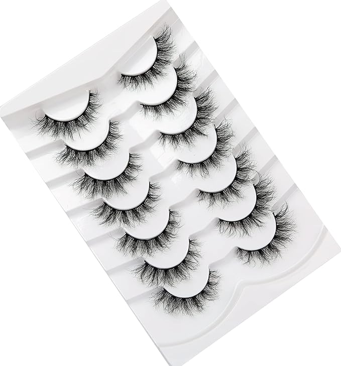 Pooplunch False Eyelashes Cat Eye Look Lightweight Natural Wispy 8D Volume Faux Mink Lashes Short Curly Fake Eyelash Strips 7 Pairs Pack
