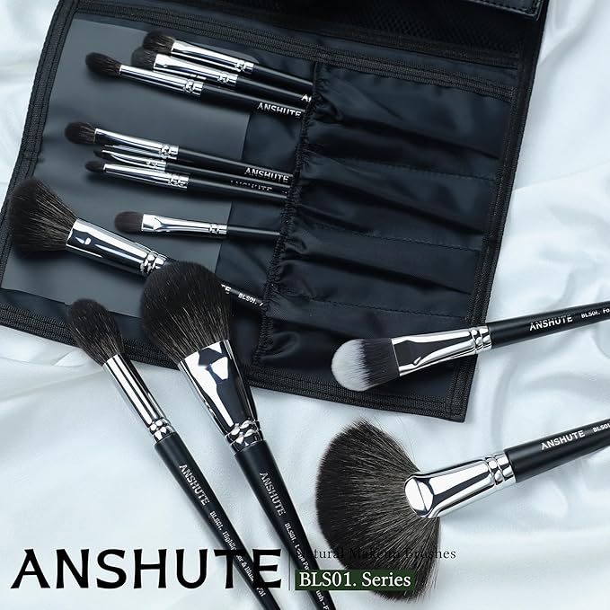 Anshute 12-Piece Professional Natural Goat Hair Makeup Brush Set with Travel-Ready Makeup Brush Organizer - 5 Face & 7 Eye Brushes. Super Soft Bristles, Variety of Brushes. Labled Brush Handle
