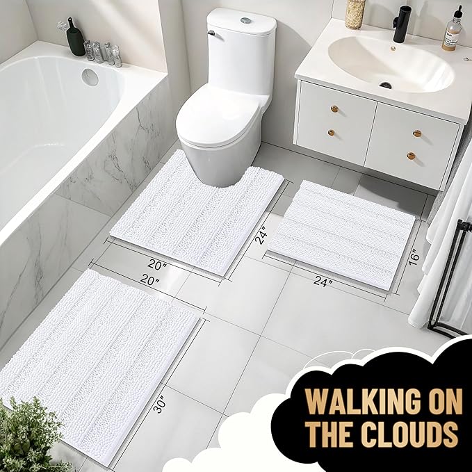 OLANLY Thick Bathroom Rugs 36x24, Extra Soft Absorbent Chenille Striped Bath Rugs, Rubber Backing, Machine Wash Dry, Bath Mats for Bathroom Floor, Tub and Shower, Home Decor Accessories, White