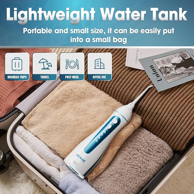Nicwell Water Dental Flosser Pick for Teeth: 4 Modes Cordless Portable Rechargeable Oral Irrigator IPX7 Waterproof Cleaner Pik Deep Cleaning Flossing Pic Machine for Home Travel