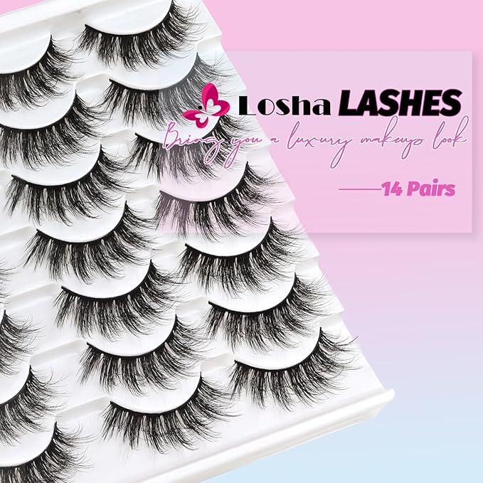 Losha Lashes Fluffy False Lashes 14 Pairs 5D Full Fake Eyelashes Vegan Handmade Faux Mink Lashes Pack (815-Z)