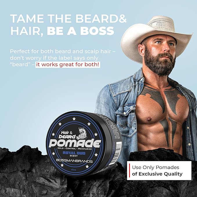 Bossman Hair & Beard Pomade for Men (Royal Oud Scent) – Medium Hold & Moisturizing for Hair, Beard & Mustache Styling – Made in USA