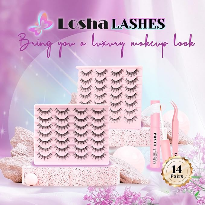 Losha Lashes Natural Manga Lashes 14 Pairs Wispy False Eyelashes Asian Anime Eye Lashes Kit with Lash Glue and Lash Tweezers Soft Fake Eyelashes (Manga)
