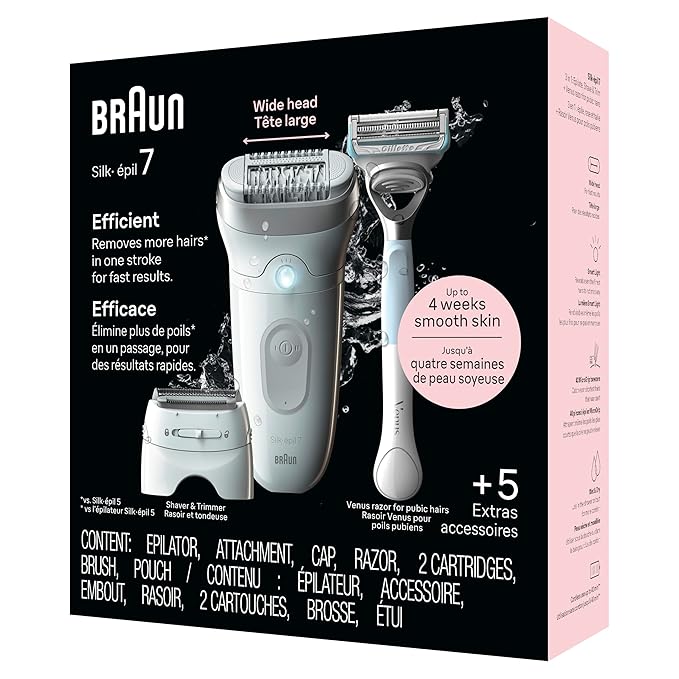 Braun Silk-épil 7 Epilator, Wet and Dry, Wide Head, Includes Venus Intimate Razor, Shaver Head and Trimmer Comb, SE7-141
