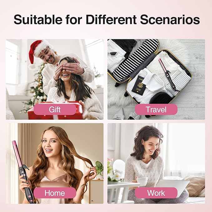 Rotating Curling Iron 1 Inch, Automatic Extra-Long Barrel Curling Iron with 30s Fast Heating for Beginners Long Hair Lasting Waves, Adjustable Temperature, Universal Voltage for Travel, Rose Gold