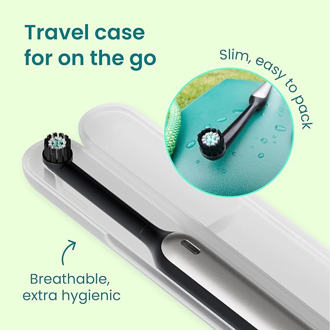 Quip Rev Oscillating Rechargeable Electric Toothbrush with Extra Brush Head - Soft Bristles, Pressure Sensor, 3 Intensities, 30-Day Battery Life, 2-Min Timer, Travel Case, Mirror Mount - Blue Stone