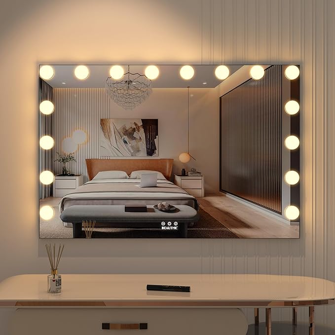 BEAUTME Large Vanity Mirror with Lights, 35.9''×24.3'' Hollywood Makeup Mirror with 16 Dimming LED Bulbs, 3 Lighting Modes, Touch Control, Tabletop or Wall Mounted, Black