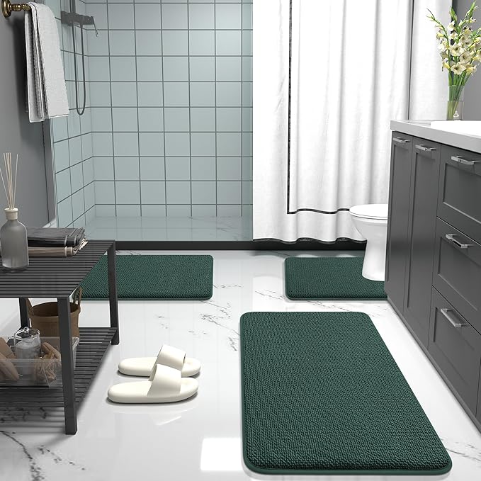 OLANLY Thick Memory Foam Bath Mat Rug 70x24, Extra Soft Absorbent Bathroom Rug, Quick Dry Bath Mats, Non-Slip, Washable Carpet for Bathroom, Tub and Shower, Home Decor Accessories, Blackish Green