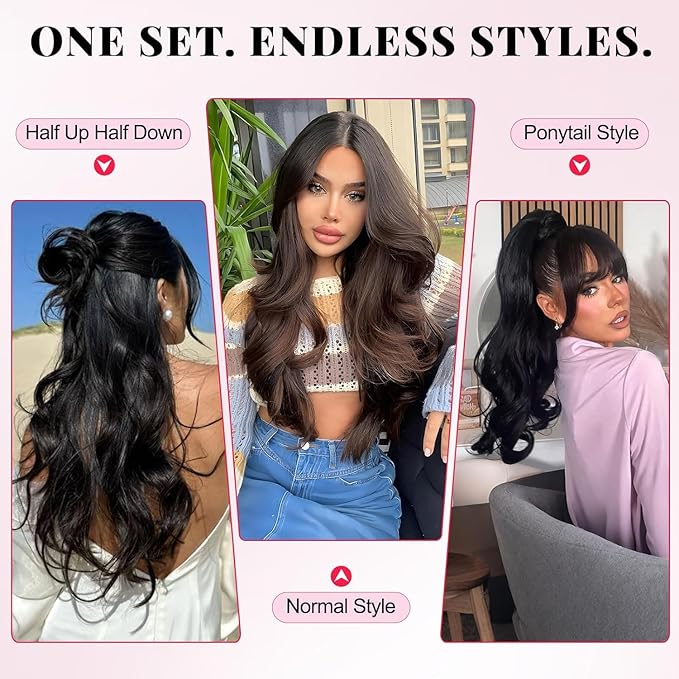 ALXNAN Long Wavy Layered Hair Extensions for Women, Clip in Hair Extensions Clip Ins Soft Full Head Synthetic Hairpieces 16 Inch Black
