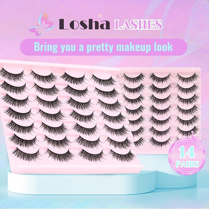 Losha Lashes Wispy False Eyelashes 14 Pairs Spiky Manga Lashes Natural Anime Fake Eyelashes Soft Asian Lashes Strips (Vivid)