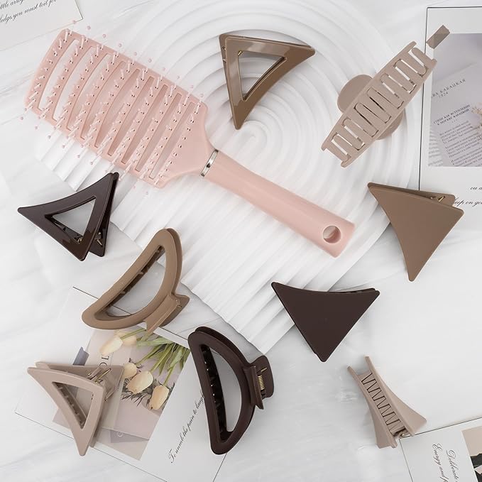 Neutral Tones Hair Accessories Set - 9 Medium Hair Clips (Arched & Triangle), 1 Hair Brush | Non-Slip Hair Clips for Thin Hair (Soft Pink, Beige, Brown)