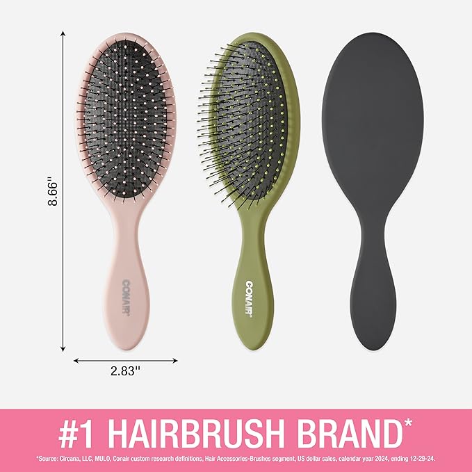 Conair Detangling Hair Brush 3PK - For wet and dry hair - curly hair brush - hair brushes for women - detangler brush - hair brushes for women - Evergreen, Blush Pink, Black Assorted