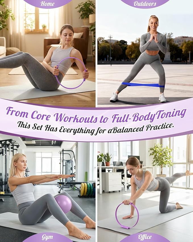 Pilates Ring Set, Home Pilates Kit for Women Pilates Equipment Ring and Ball Set Magic Circle Hoop with 5 Resistance Bands Compact Toning Fitness Essentials Starter Set Accessories