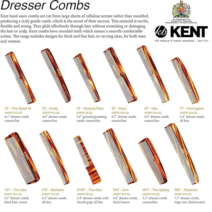 Kent 12T Wide Tooth Detangling Comb - 5.5" Handmade Pocket Comb for Thick, Curly, and Wavy Hair, Large Tooth Grooming for Hair, Beard, and Mustache - Saw-Cut and Hand Polished