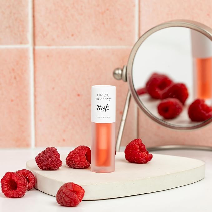 MÈLI Organic Lip Oil with Hyaluronic Acid | Clear Non-Sticky, Natural Lip Gloss, Moisturizing, Revitalizing and Rejuvenating (Raspberry)