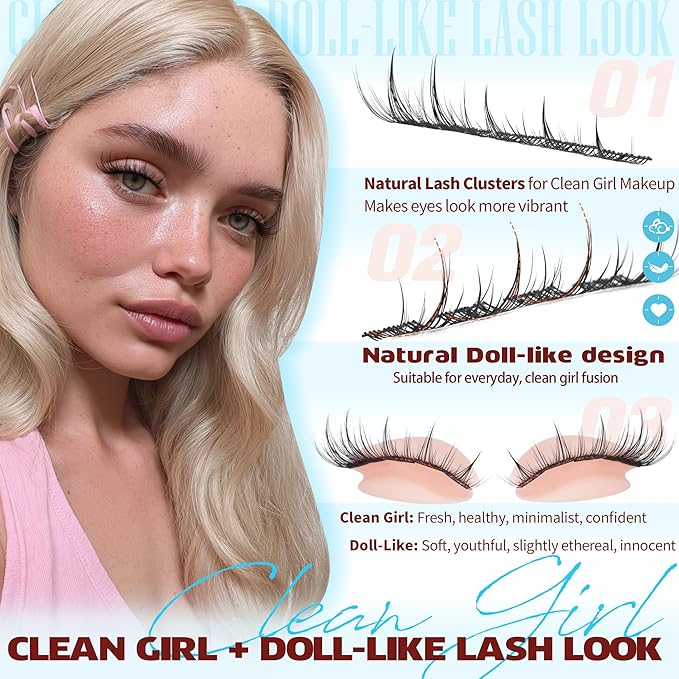 Natural Lash Clusters Kit Fairy Eyelash Clusters 11-13MM Wispy Lash Extension Kit Cluster Eyelash Extensions Thin Band Eyelash Extension Kit DIY Individual Lashes Bond and Seal,Tweezers TNFVLONEINS