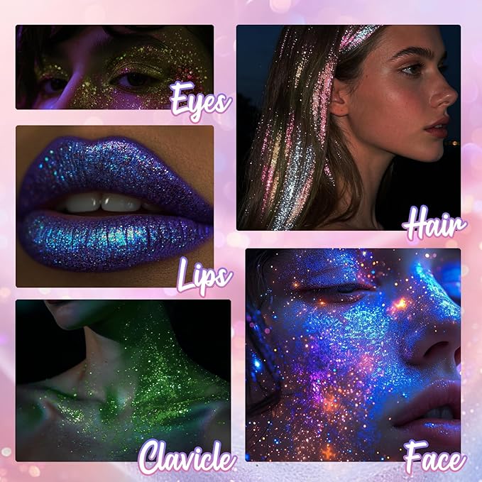 Pastel Rolling Glitter for Face Body & Hair, Sparkling Holographic Chunky Shimmer, Roll-on Sequins for Singer Concert Rave Festival Halloween Party Carnival, 1.35fl.oz