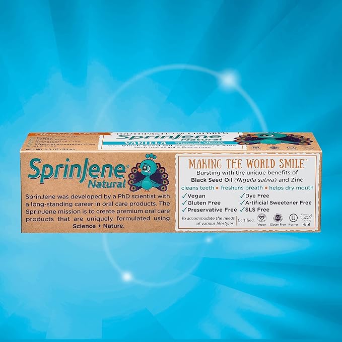 SprinJene Natural Children’s Toothpaste – Fluoride Free Vanilla Toothpaste for Toddlers & Kids – Gentle Safe Natural Formula with Patented Black Seed Oil & Zinc – Made in The USA (2 Pack)