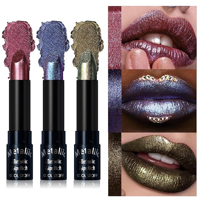 Metallic Glitter Lipstick Set Shimmering Colors Long Lasting Waterproof Plump Matte Moisturizing (Set-E)