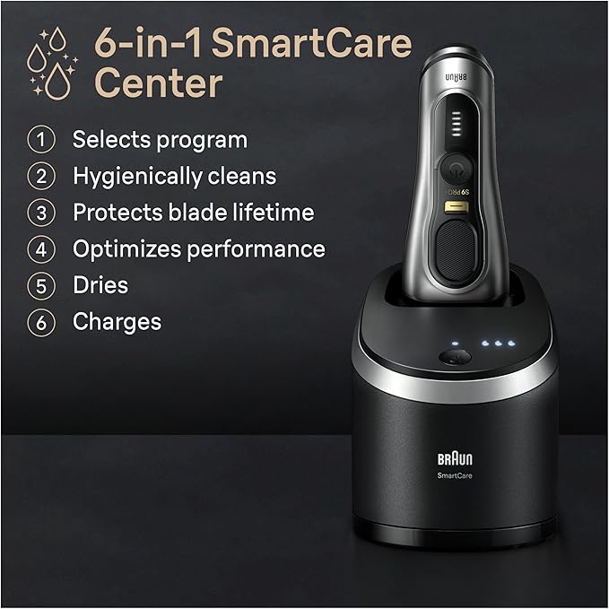 Braun Series 9 PRO+ Electric Razor for Men, 5 Pro Shaving Elements and Shave-Preparing ProComfort Head for Closeness & Skin Comfort, 6in1 SmartCare Center, Wet or Dry Use, Charging Stand, 9597cc