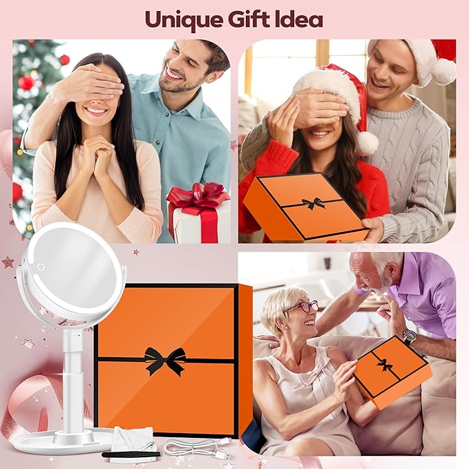 Makeup Mirror with Lights, 30X Magnifying & Height Adjustable, Lighted Magnifying Mirror with 3 Light Modes and Stepless Dimming, Vanity Mirrors for Bathroom, Birthday Gift for Women, White