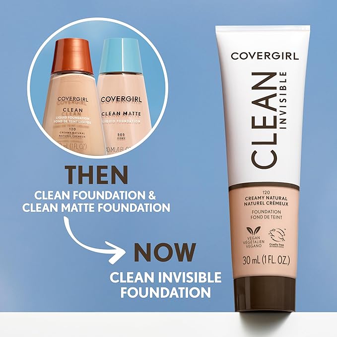 COVERGIRL Clean Invisible Foundation Makeup, Dewy & Glowy Natural Finish, Buildable Coverage, Skin-Like Smooth Look, Vegan, Creamy Beige, 1oz