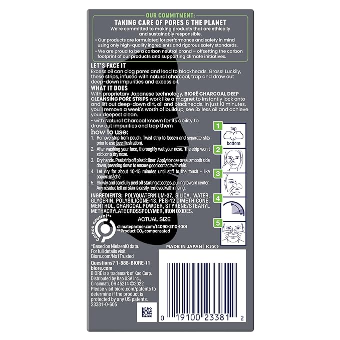 Biore Charcoal Deep Cleansing Pore Strips, Nose Strips for Blackhead Removal on Oily Skin, Features C-Bond Technology with Instant Pore Unclogging, 18 Count