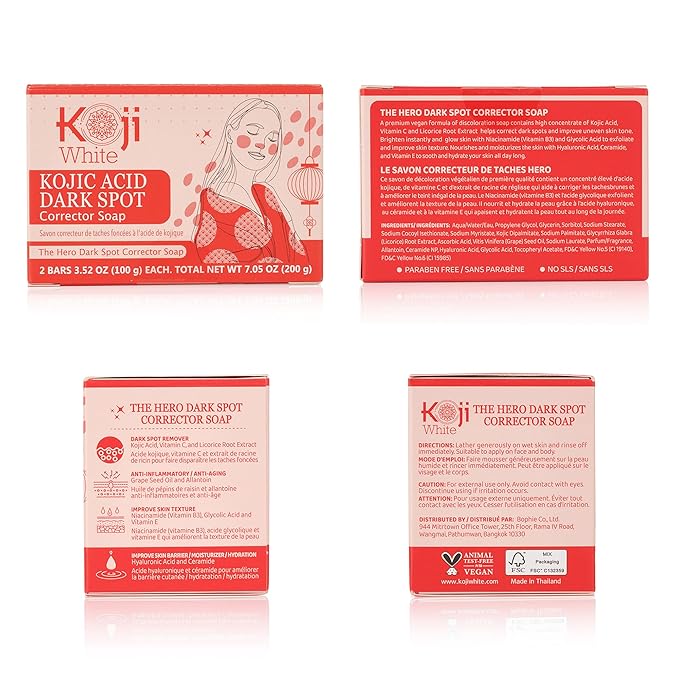Koji White 4% Kojic Acid Dark Spot Corrector Soap For Exfoliating & Moisturizes with Vitamin C, Licorice Root Extract, Hydrating & Even Skin Tone Cleansing Bar for Face & Body, Vegan, 3.52 Oz (2 Bars)