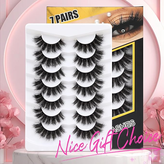 Veleasha False Eyelashes Wispy Faux Mink Lashes Fluffy Handmade Fake Eyelashes Natural Look 7 Pairs Pack Luxury Cat Eye Lashes (801)
