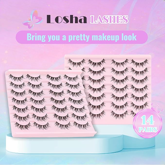 Losha Lashes Spiky Manga Lashes 14 Pairs Anime False Eyelashes Natural Asian Lashes Strips that Look Like Lash Extensions Soft Wispy Fake Eyelashes (Cutey)
