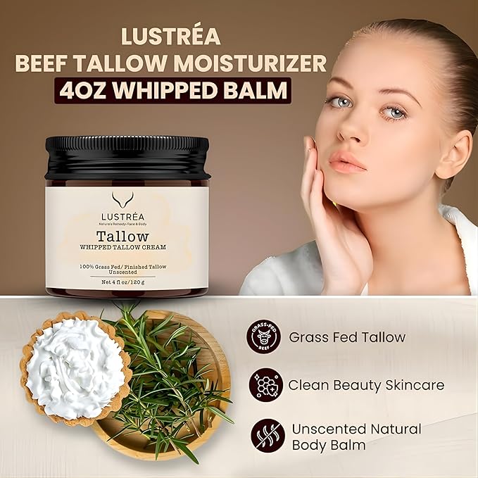 Whipped Tallow Cream for Face & Body 4oz | Grass Fed Beef Tallow Moisturizer | Face Cream for Dry Skin & Sensitive Skin | Beef Tallow Balm, Non-Greasy Daily Skincare (120 gram, Vanilla Lavender)