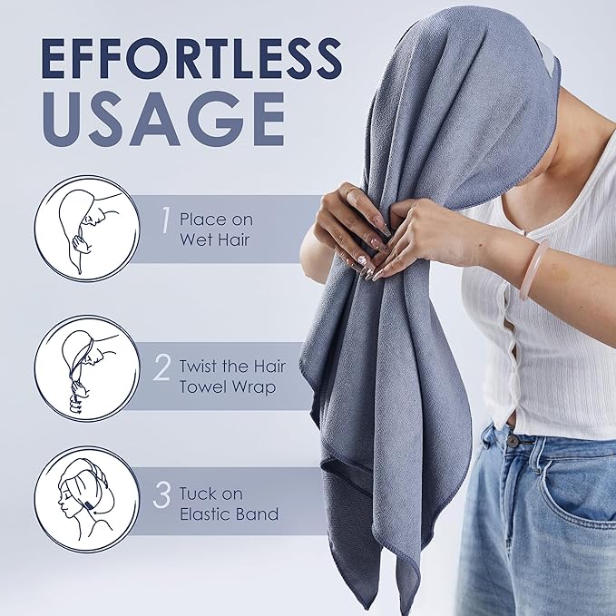 Large Microfiber Hair Towel Wrap for Women (27x40 Inches). Anti Frizz Rectangle Fast Drying Towel with Elastic Band for Long, Curly, and Thick Hair. Includes Reusable Carry Bag (Grey)