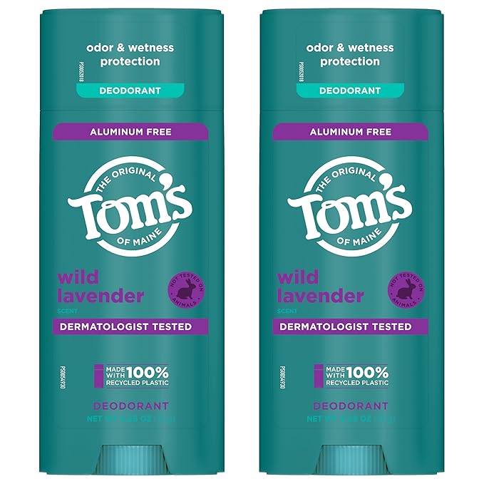 Tom’s of Maine Wild Lavender Natural Deodorant for Men and Women, Aluminum Free, No Artificial Fragrances, Dyes, or Preservatives, Baking Soda Free, 48-Hour Odor Protection, 3.25 oz (2 Pack)