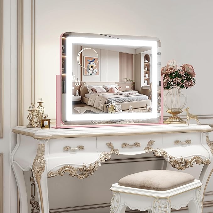 ROLOVE 22x17 Inch Pink Vanity Mirror with Lights,Dimmable LED Lights,3 Color Modes, Smart Touch Control,10X Magnification,Light up Makeup Mirror for Desk, Gift for Teen Girls