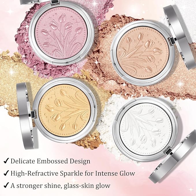 UCANBE Sparkle Bomb Baked Highlighter, Powder Highlighter Makeup, High Glossy Illuminator Palette for Face & Body, Weightless and Buildable (02 Moonlight)