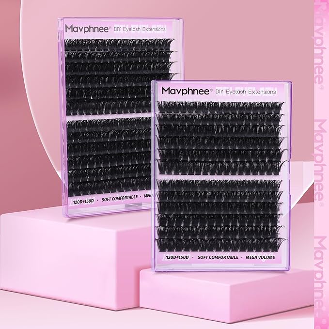 Lash Clusters Kit 14-20MM Long Eyelash Extension Kit 192Pcs Thick Volume DIY Lash Extensions Kit Soft Cluster Lashes D-Curly Individual Lashes Kit 120D+150D Mink Cluster Eyelash Extensions Kit